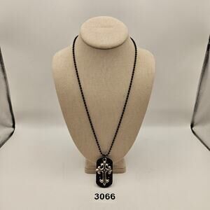 VINTAGE KOREAN STYLE BLACK DOG TAG NECKLACE SILVER TONE CROSS PENDANT Y2K